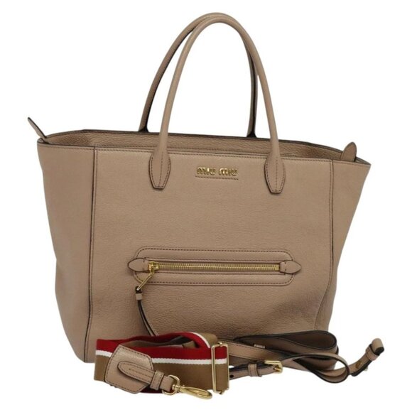 Miu Miu Tote Bag Leather 2way Beige Gold Auth 122923 - Picture 1 of 15